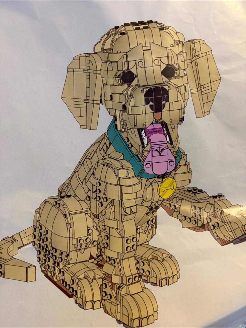 Tan Building Block Dog Figure with Teal Collar and Pink Tongue